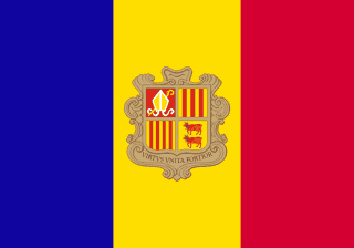 The flag of Andorra features three equal vertical bands of blue, yellow and red, with the coat of arms of Andorra centered in the yellow band.