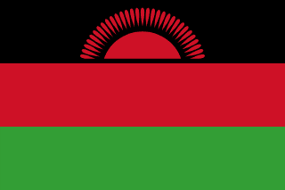 The flag of Malawi is composed of three equal horizontal bands of black, red and green. The top half of a red sun with thirty-one visible rays is centered in the black band.