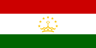 The flag of Tajikistan is composed of three horizontal bands of red, white and green in the ratio of 2:3:2. A golden-yellow crown surmounted by an arc of seven five-pointed golden-yellow stars is centered in the white band.